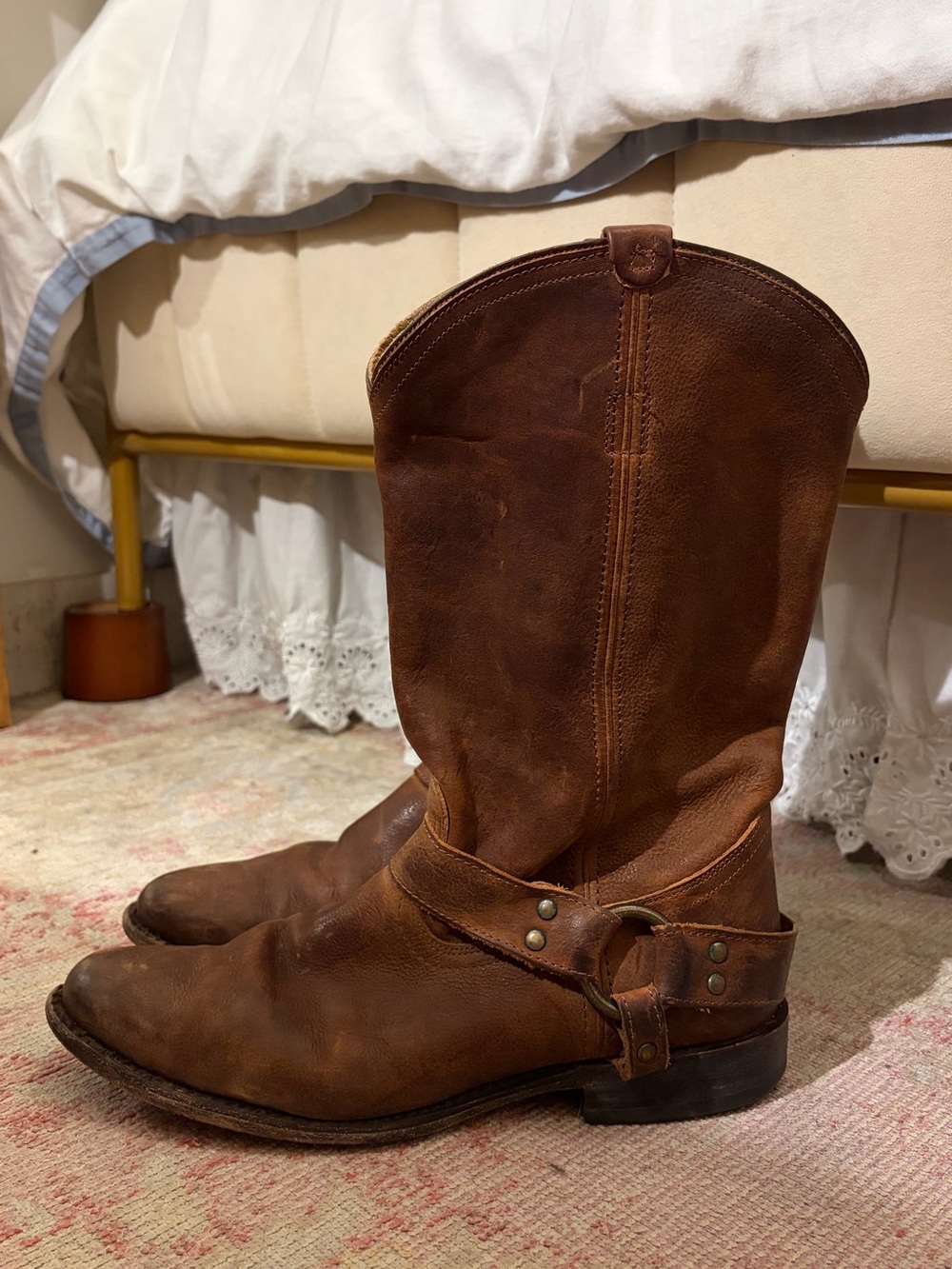 Frye Brown Leather Harness Heeled Boots